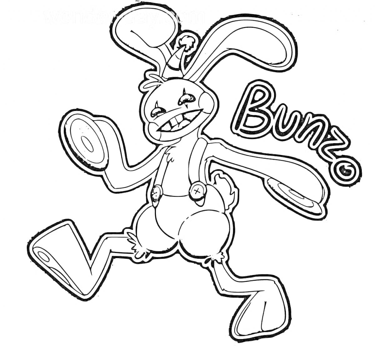 Раскраска Кролик Бонзо с колпаком, в шортах и подтяжках, с надписью 