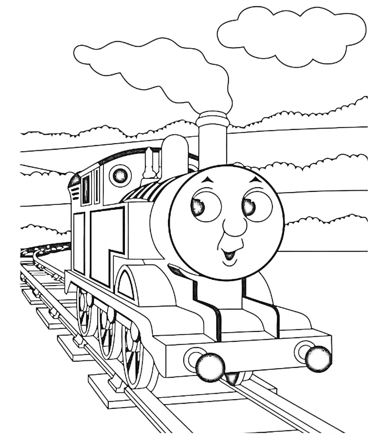 Раскраска Паровоз Томас на железной дороге с дымом на фоне природы