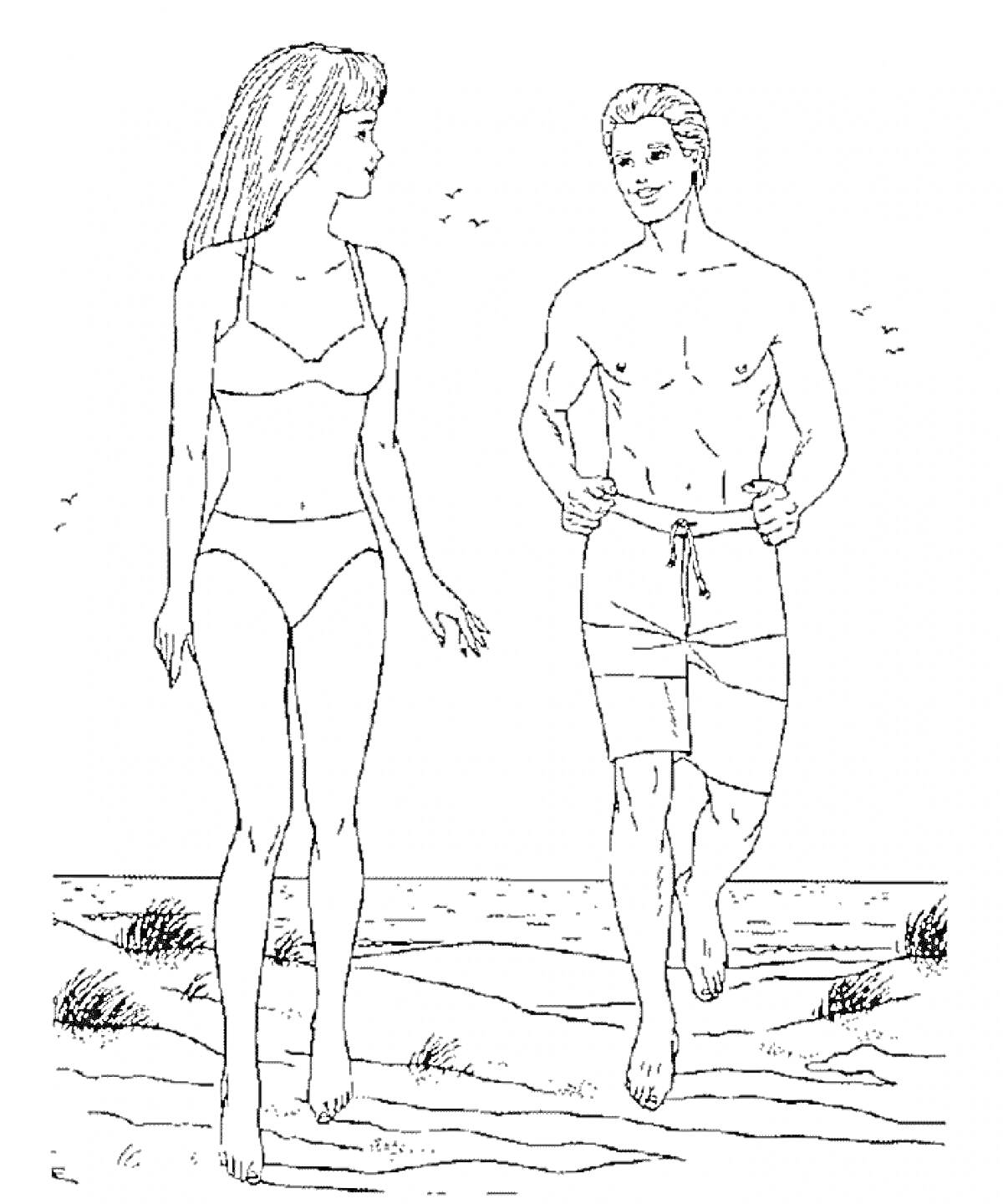 Раскраска Барби и Кен на пляже, девушка в купальнике, парень в шортах