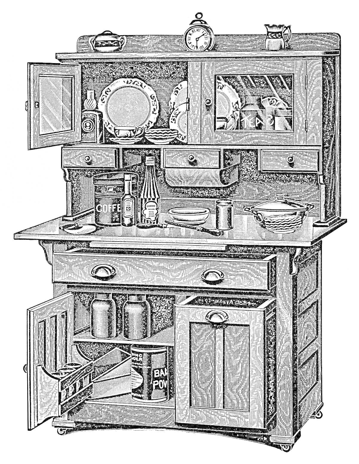 На раскраске изображено: Буфет, Часы, Столовые приборы, Полки, Ящики, Шкаф, Кухонная утварь