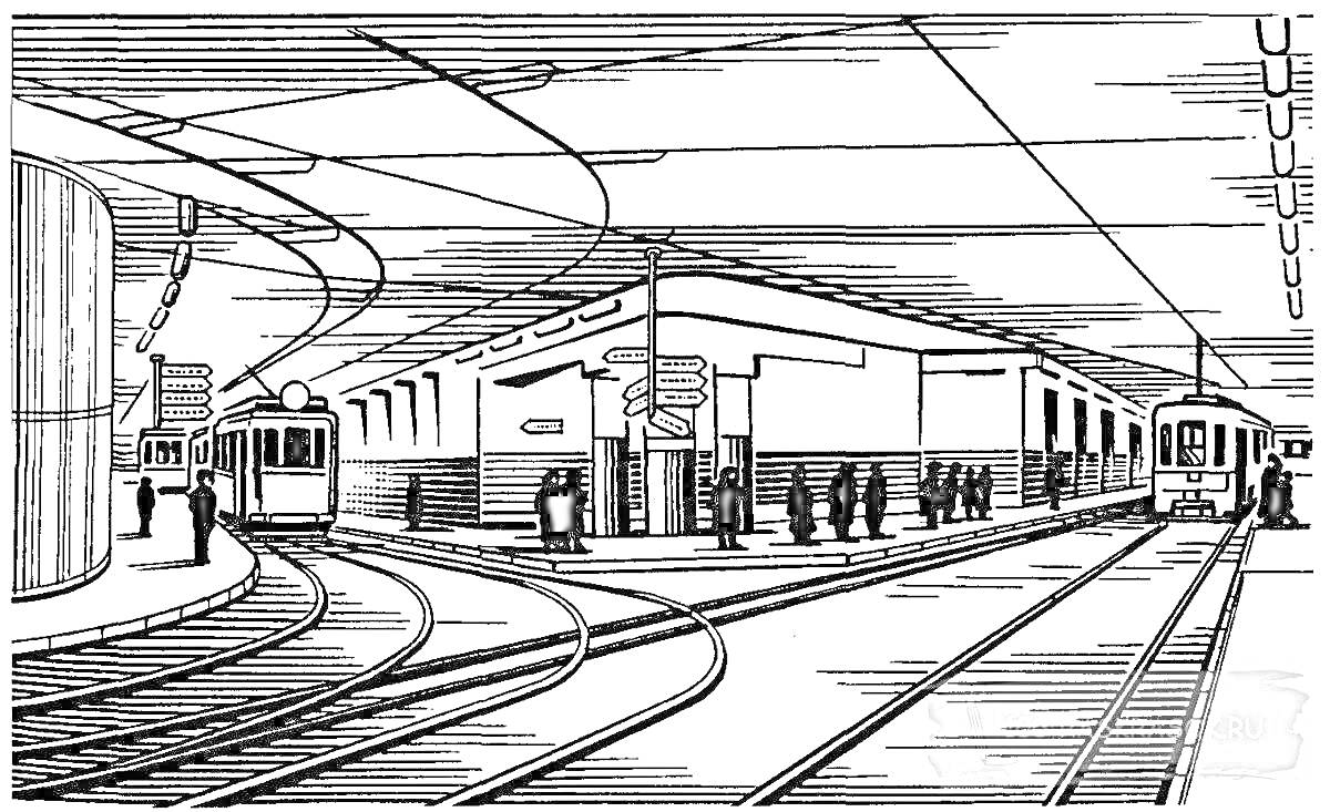 На раскраске изображено: Пассажиры, Платформы, Рельсы, Освещение, Колонны