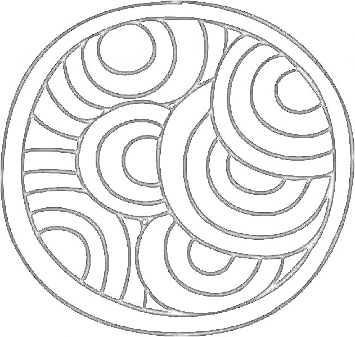 Раскраска спиралька с множеством концентрических кругов в круглом обрамлении