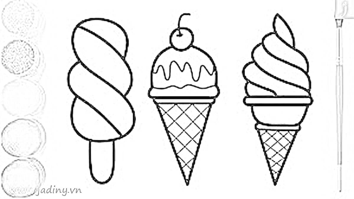 На раскраске изображено: Мороженое, Палочка, Краски, Палитра, Кисти, Рожки