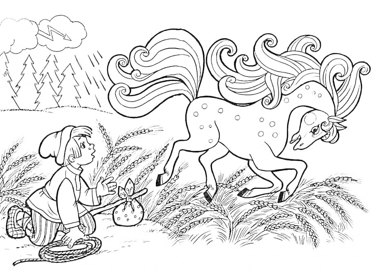 Раскраска Конек-горбунок и мальчик с узелком на фоне полей и леса