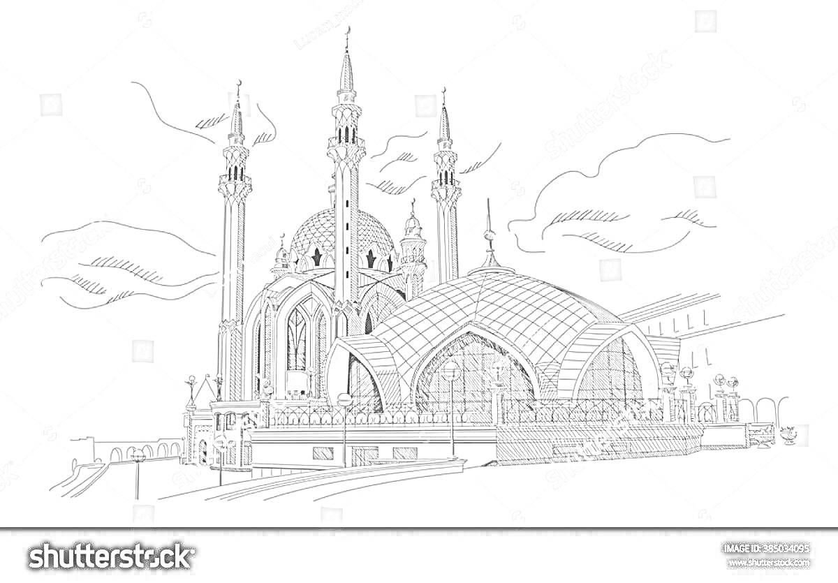 Раскраска Казанский кремль с собором и башнями в ландшафтной композиции