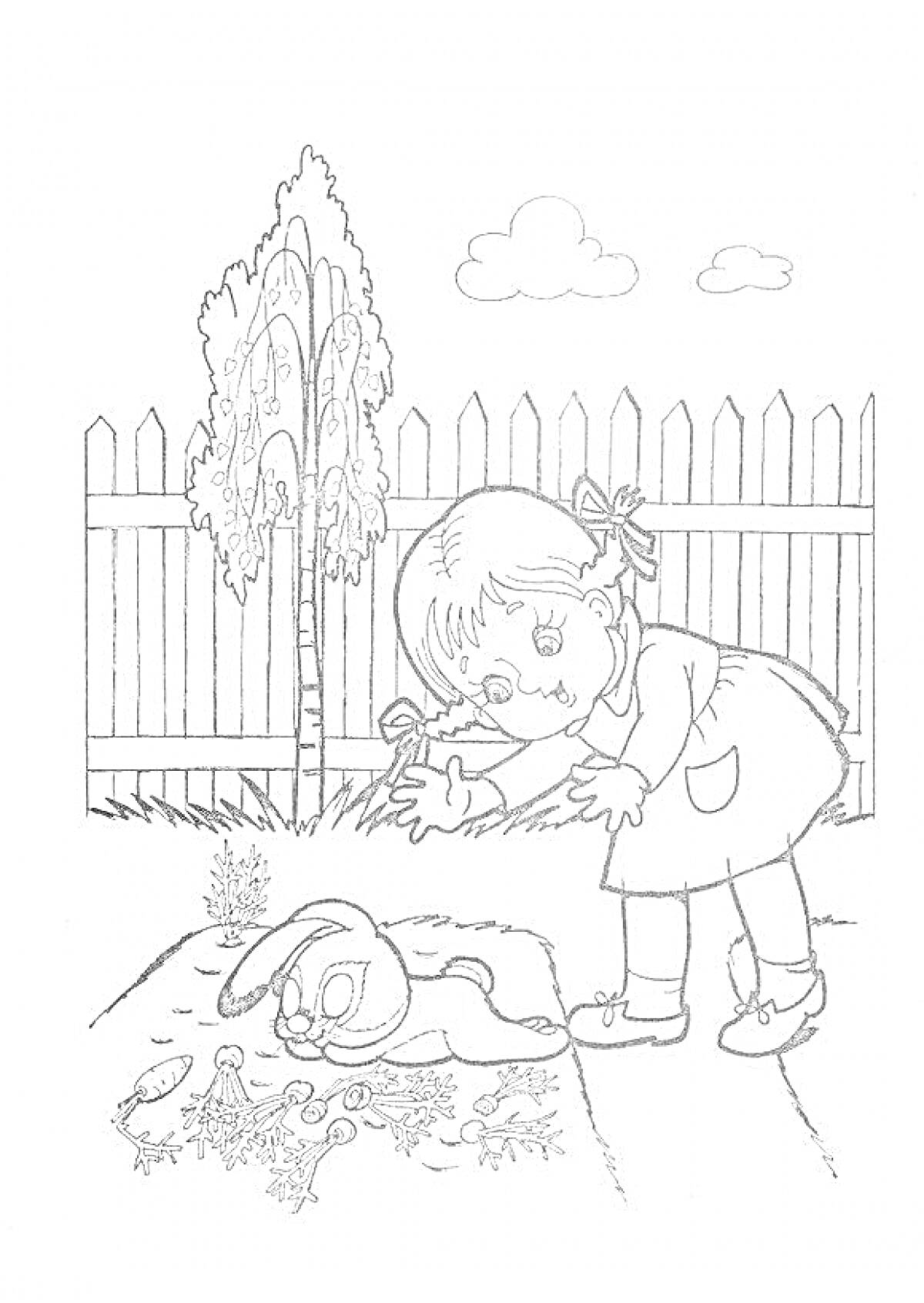 На раскраске изображено: Девочка, Бант, Улитка, Забор, Облака, Природа
