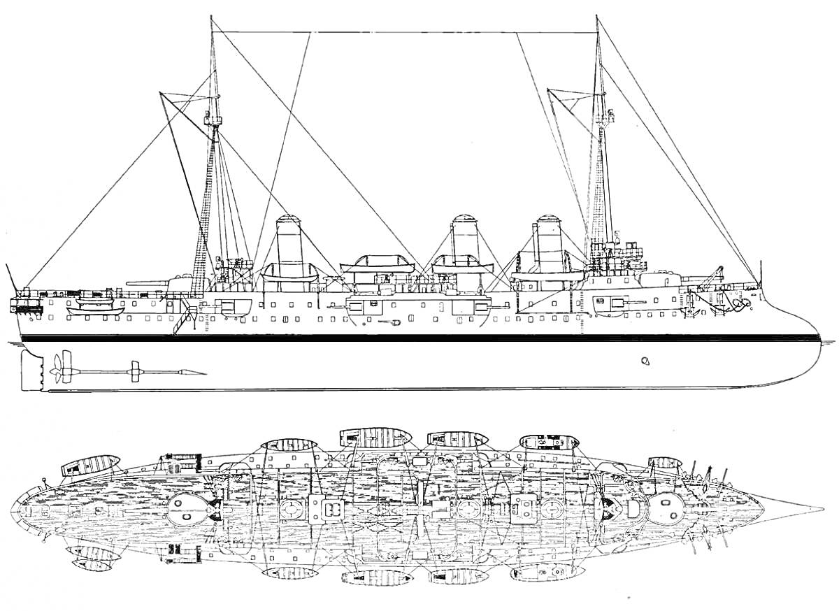 Чертеж крейсера Аврора с боковым и верхним видом