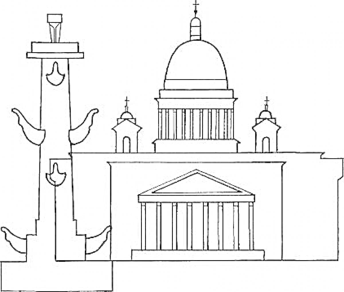 Раскраска Ростральная колонна и Исаакиевский собор, Санкт-Петербург