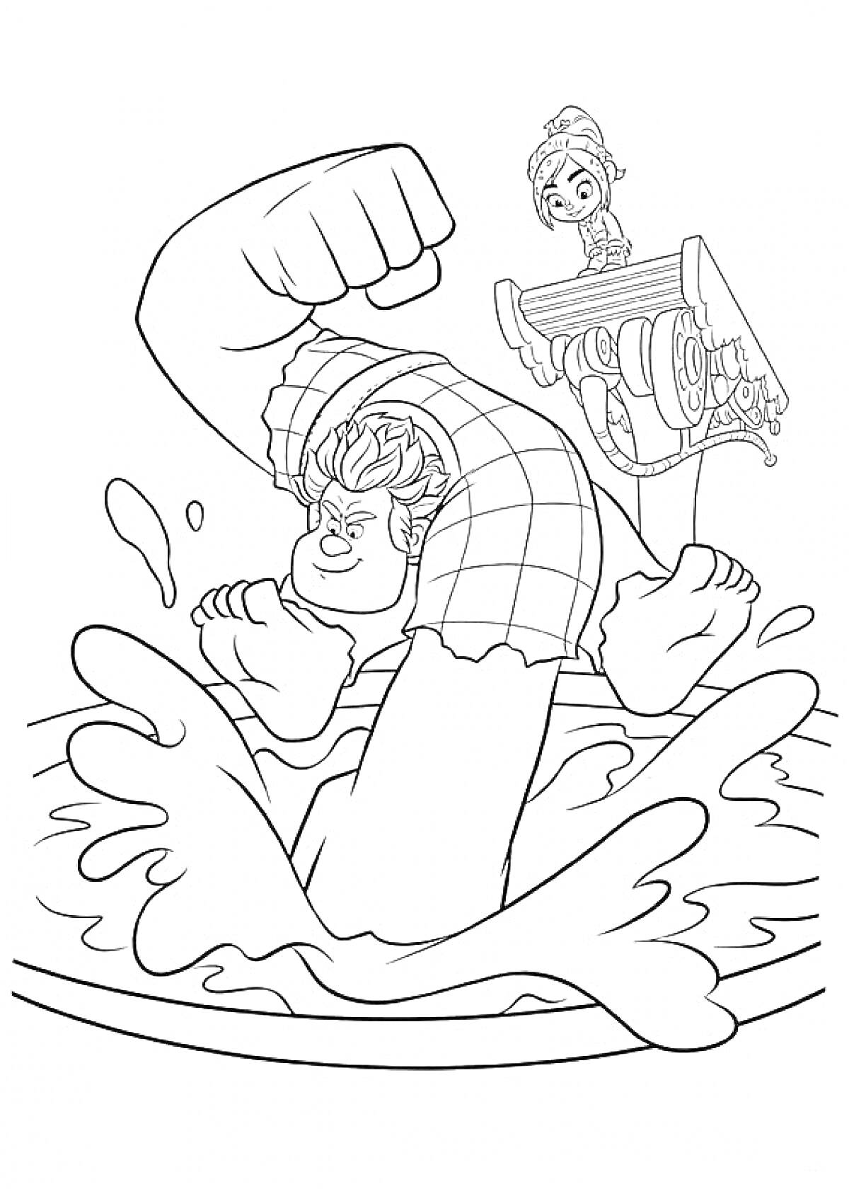 Раскраска Ральф в бассейне, прыжок в воду, Ванилопа на краю бассейна