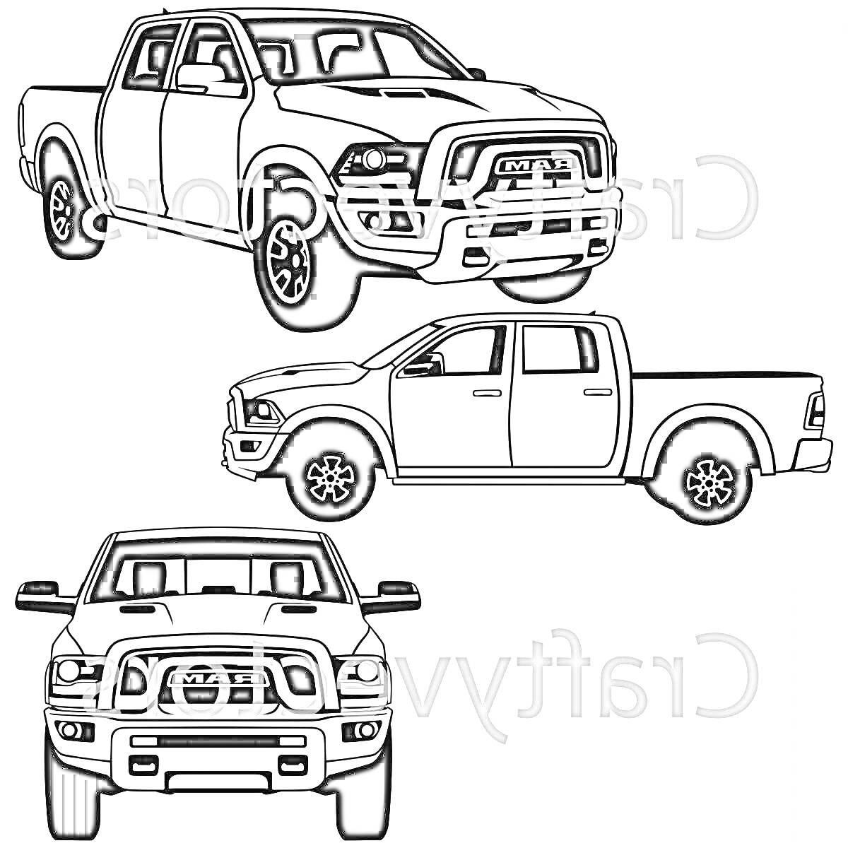 Раскраска Три ракурса внедорожника Dodge Ram: вид сбоку, спереди 3/4 и вид спереди