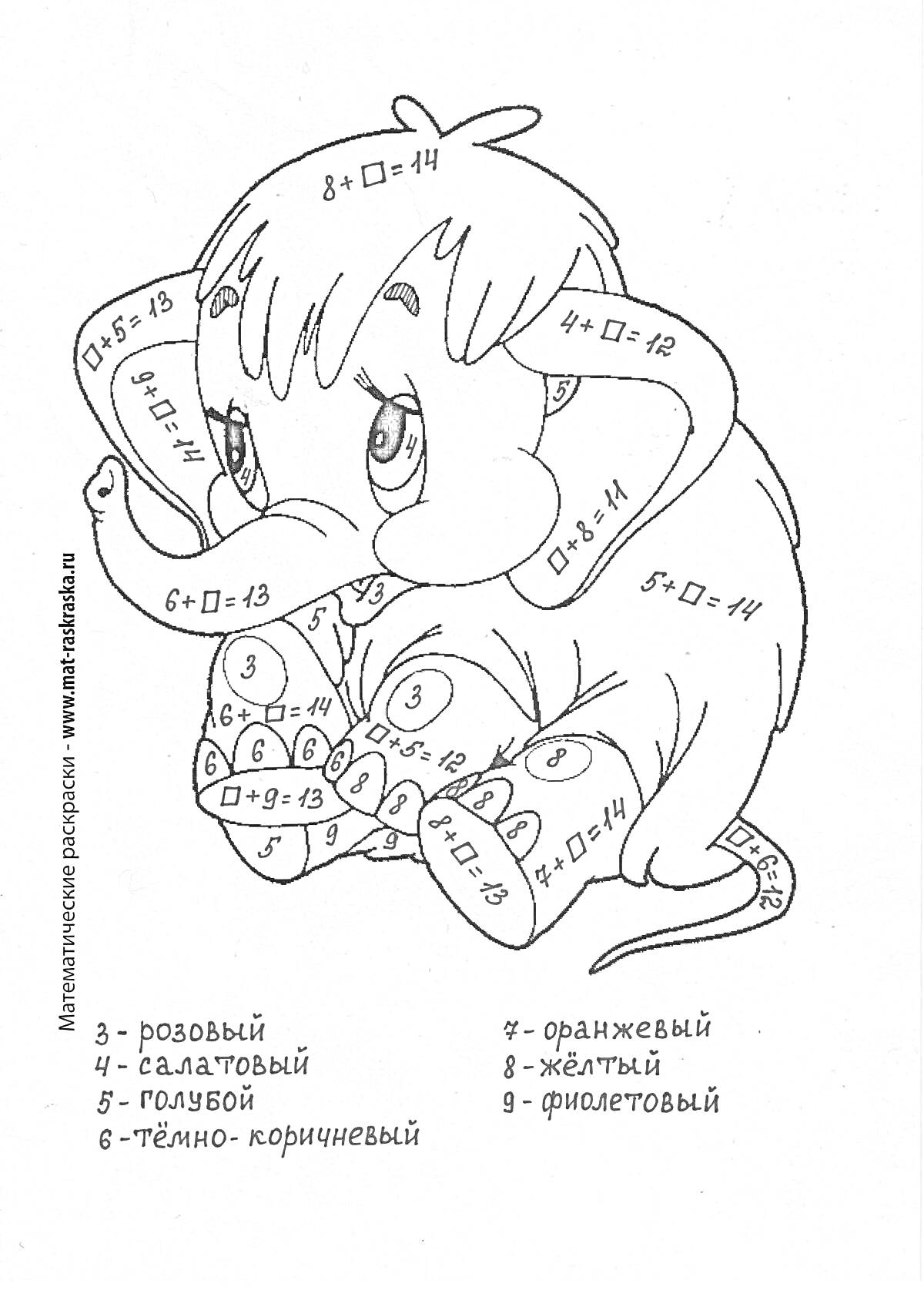 На раскраске изображено: Арифметика, Сложение, Вычитание, Мамонтенок, Математика, Обучение