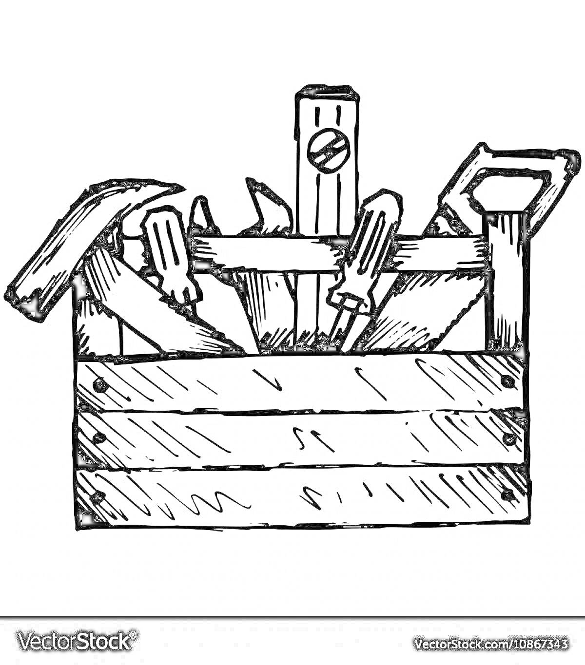 Раскраска Инструменты столяра в ящике (молоток, гаечный ключ, ножовка, отвертка, другие инструменты в деревянном ящике)