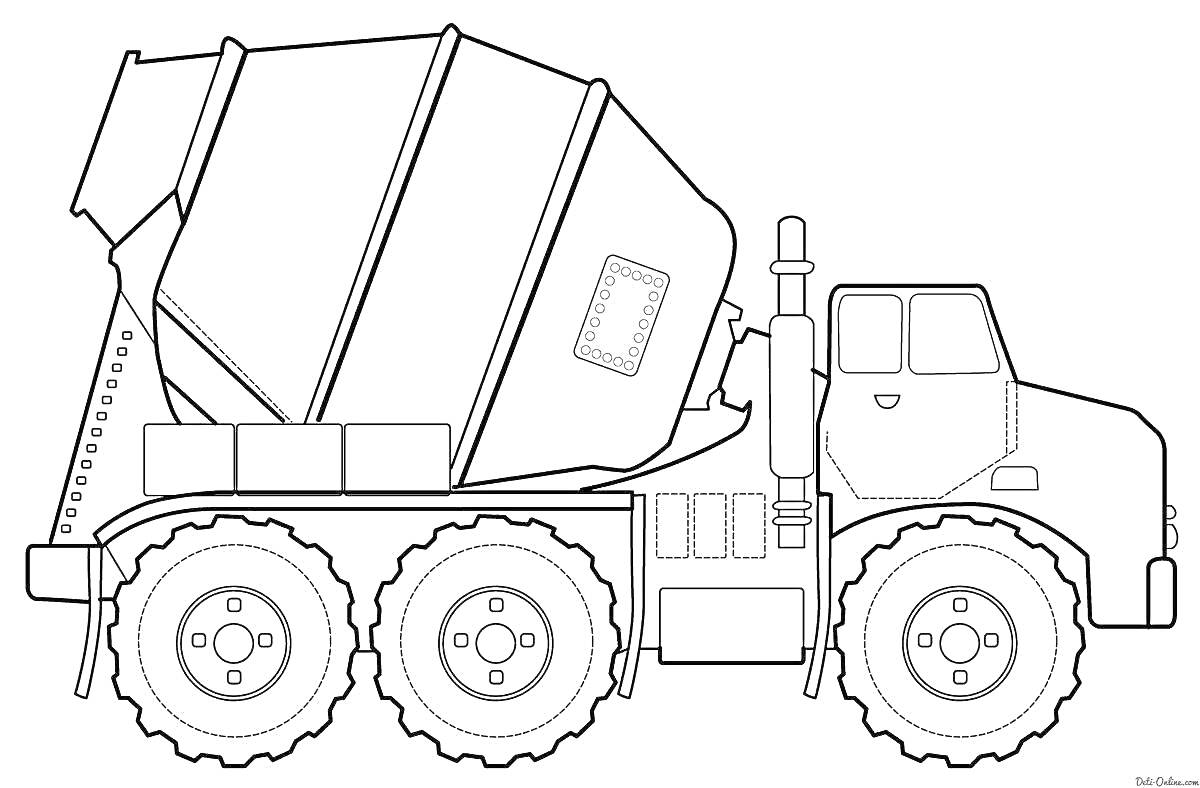 Раскраска Бетономешалка с большим барабаном и грузовой платформой на шести колесах
