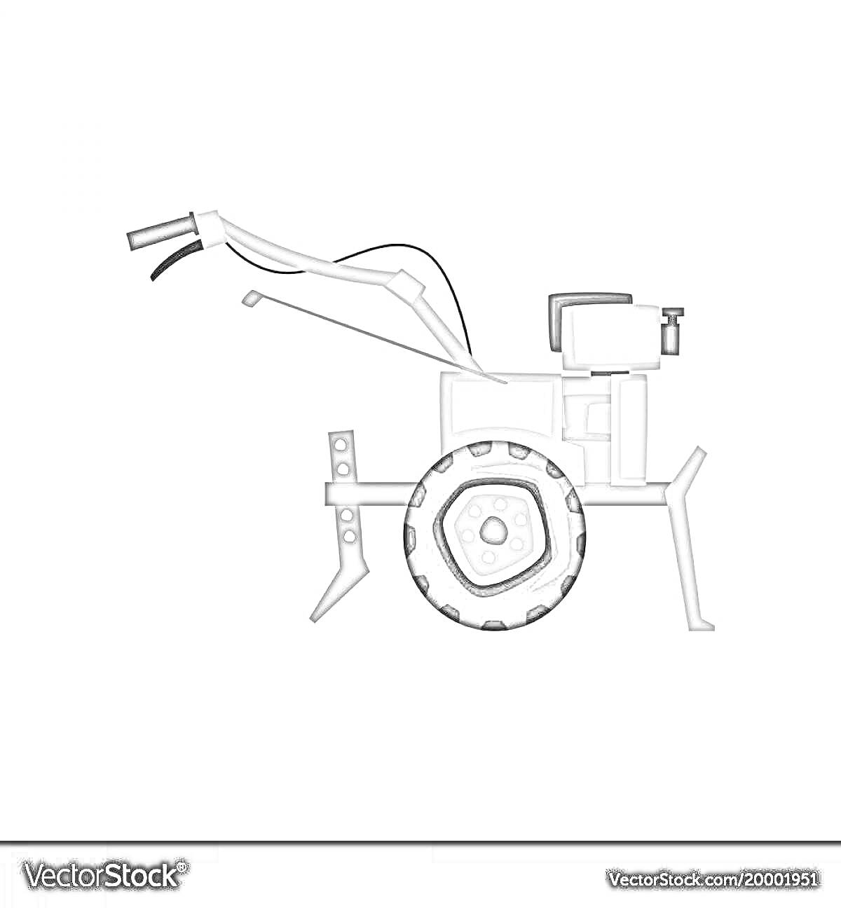 Раскраска Мотоблок с ручками, двигателем, колесом и стойкой