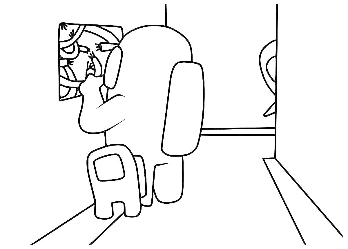Раскраска Члены экипажа из амонг ас выполняют задание возле люка и смотрят на панель управления, в коридоре