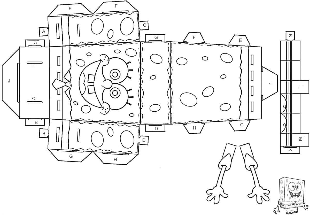 На раскраске изображено: Поделка, Губка Боб, Картон, Сборка, Персонаж, Руки