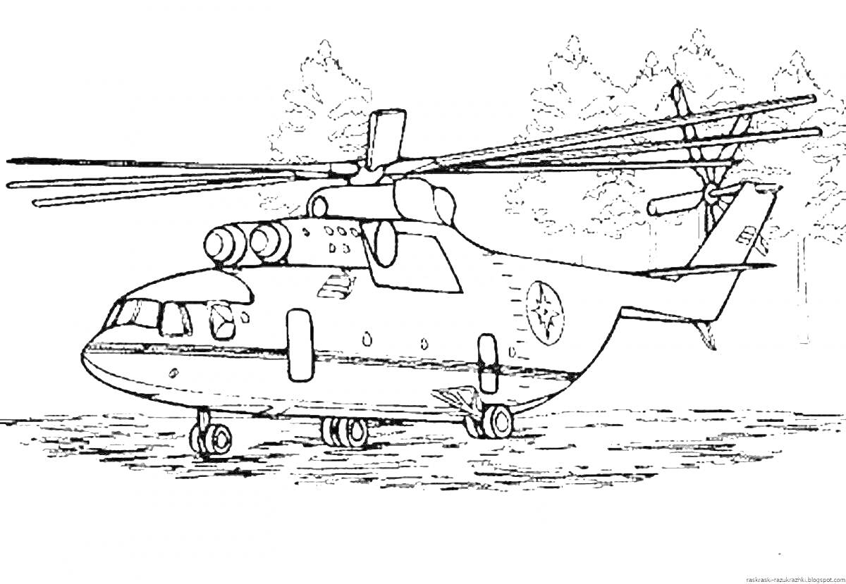 На раскраске изображено: Вертолет, Деревья, Авиация, Транспорт, Техника, Воздух, Природа