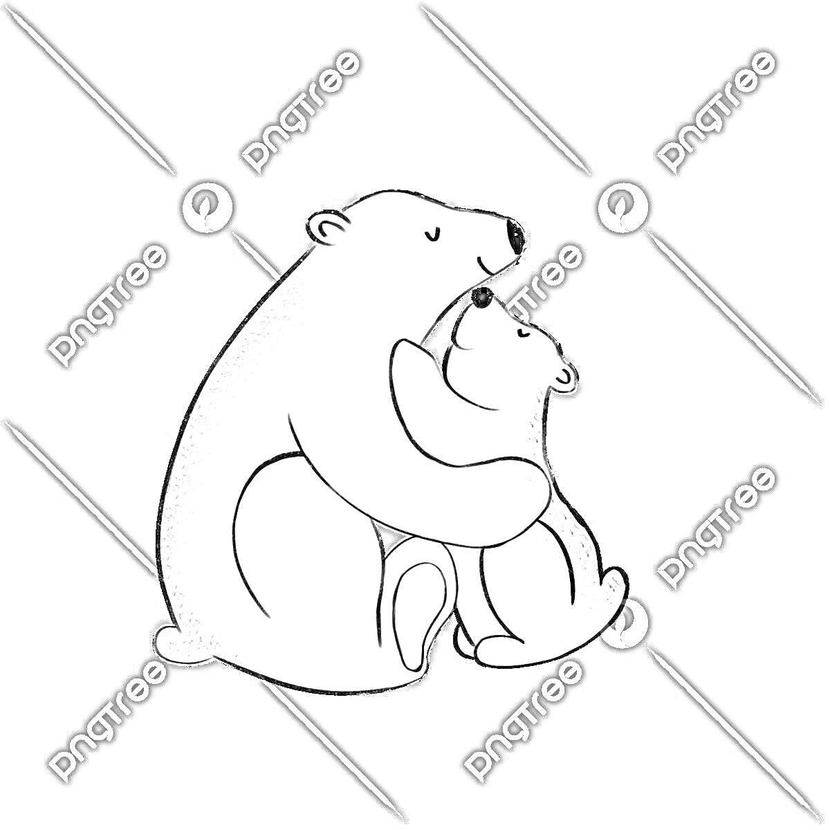 На раскраске изображено: Медведь, Объятия, Семейная сцена, Любовь, Забота, Животные, Природа