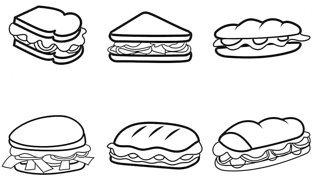 На раскраске изображено: Бутерброд, Еда, Начинка, Хлеб, Овощи, Сыр, Мясо, Булочка, Багет, Сэндвич, Контурные рисунки