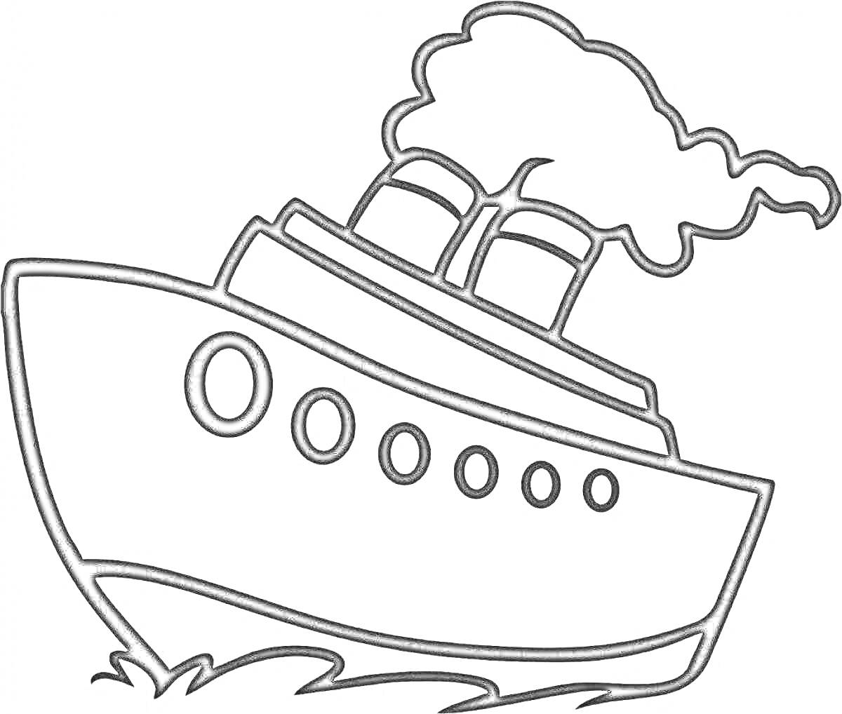 На раскраске изображено: Пар, Волны, Иллюминаторы, Корабль, Суда, Море