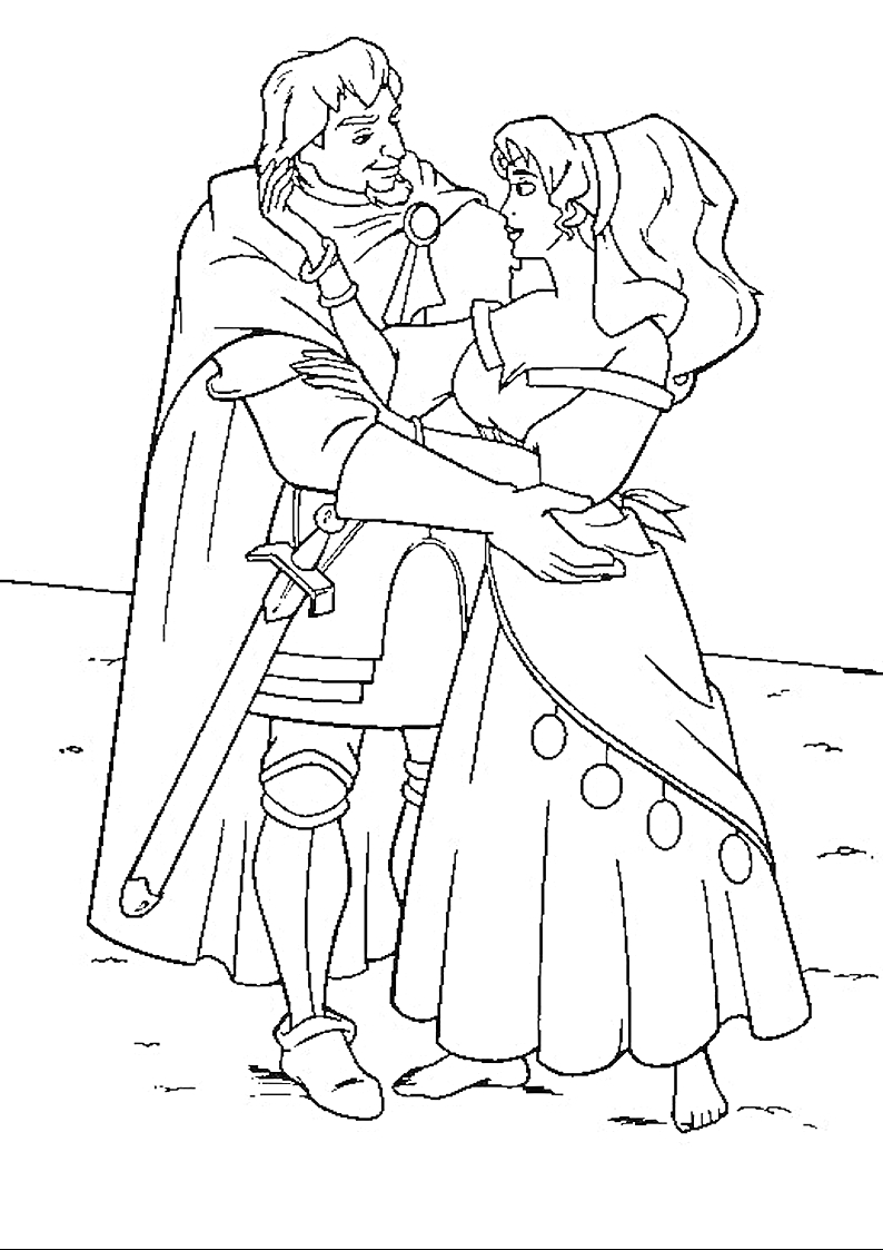 Раскраска Мужчина и женщина в средневековой одежде держатся за руки и смотрят друг на друга