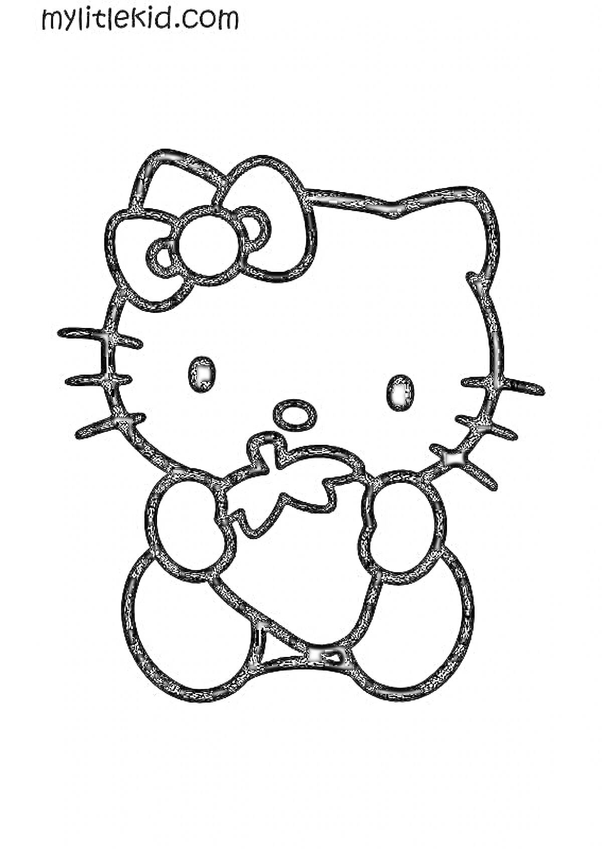 Раскраска Hello Kitty с бантиком держит клубнику