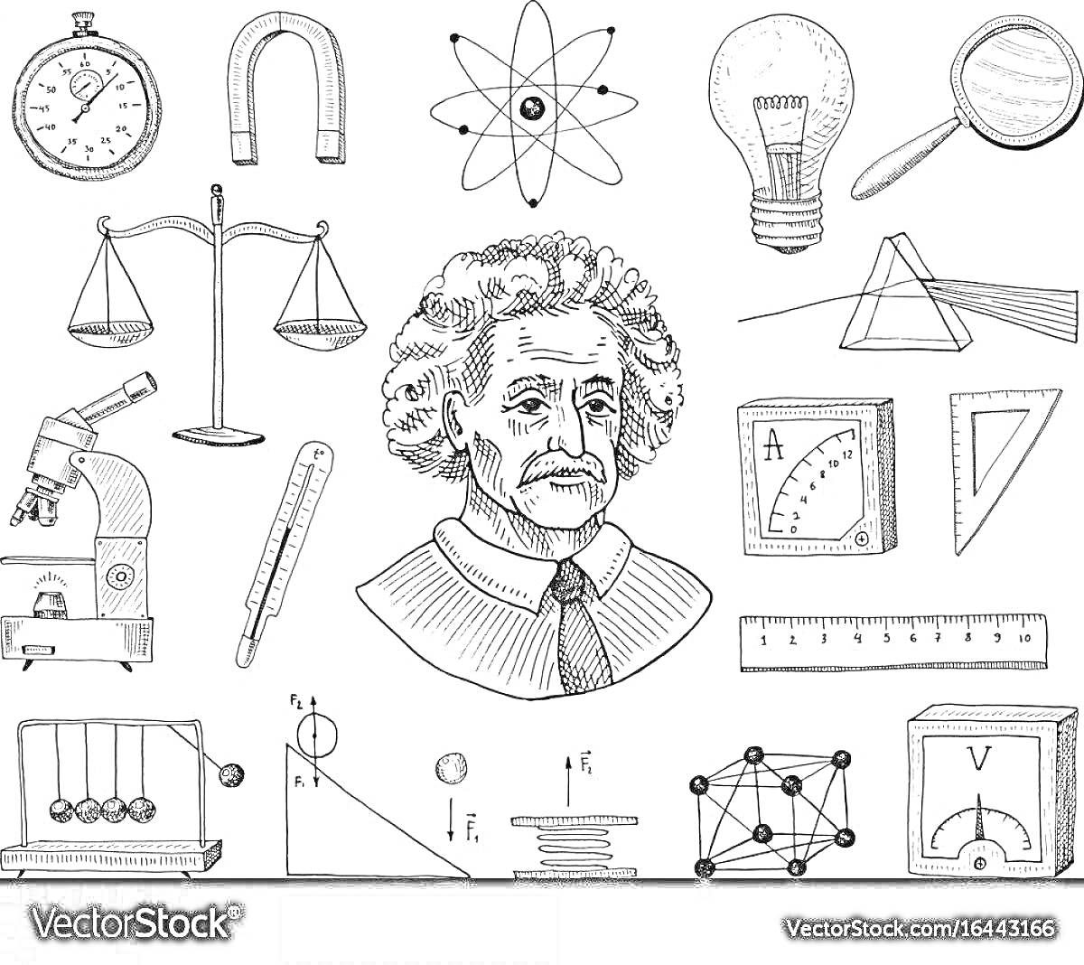 Раскраска Разнообразные элементы физики: секундомер, подкова-магнит, атом, лампочка, увеличительное стекло, весы, микроскоп, термометр, портрет учёного, амперметр, треугольник, линейка, маятник Ньютона, формулы, схематичное изображение прямоугольного параллелепипед