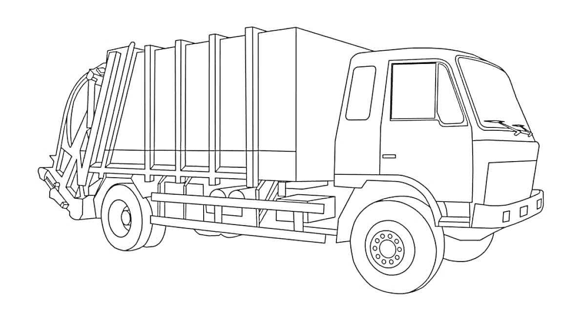 Раскраска Мусоровоз, вид сбоку, простой рисунок