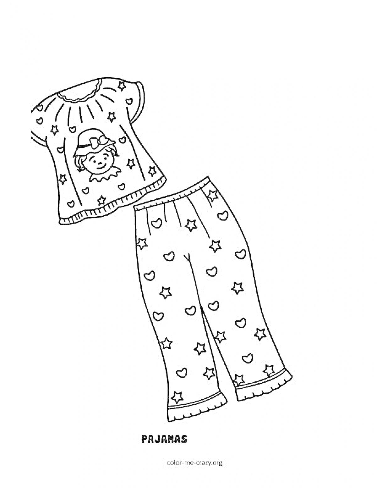 Раскраска Пижама с изображением улыбающейся девочки на футболке и сердечками и звёздами на шараварах