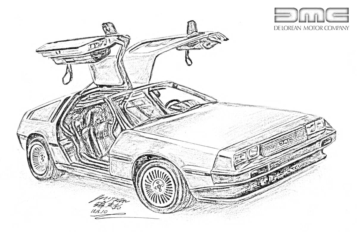 Раскраска Делориан с открытыми дверьми 