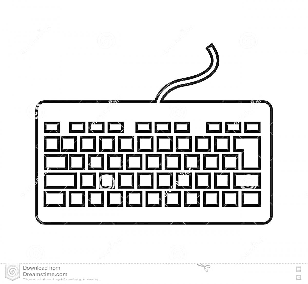 Раскраска Раскраска с изображением компьютерной клавиатуры с проводом и клавишами.