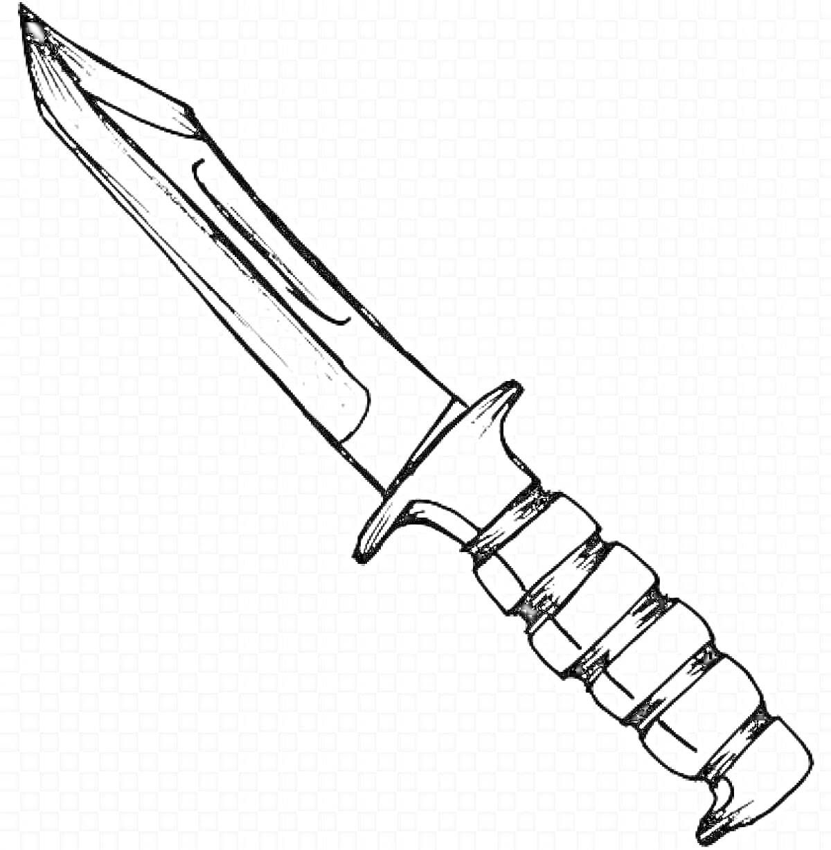 РаскраскаЧертеж ножа из Standoff 2 с тактической рукоятью и клинком, лезвие с характерными выемками и насечками