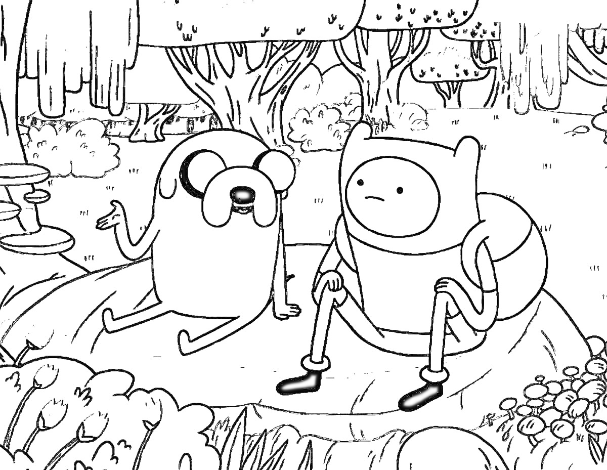 Фин и Джейк на пикнике в лесу под деревьями