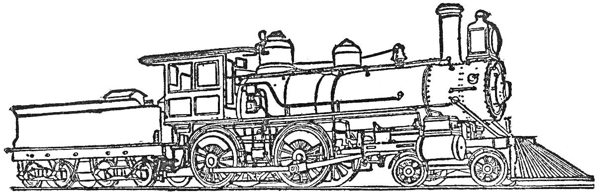 Паровоз с тендером, паровая труба, колеса, кабина машиниста