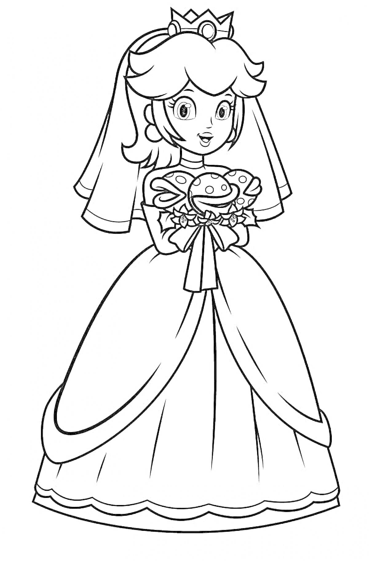 Раскраска Принцесса в свадебном платье с букетом цветков с грибами