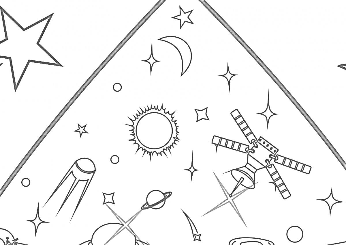 На раскраске изображено: Космос, Планеты, Звезды, Спутники