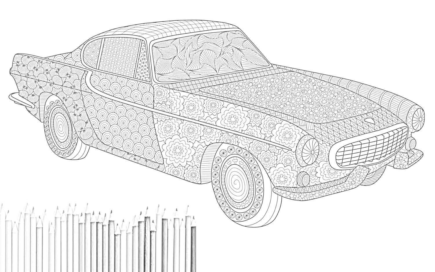 Раскраска Ретро автомобиль с цветочными узорами, цветные карандаши