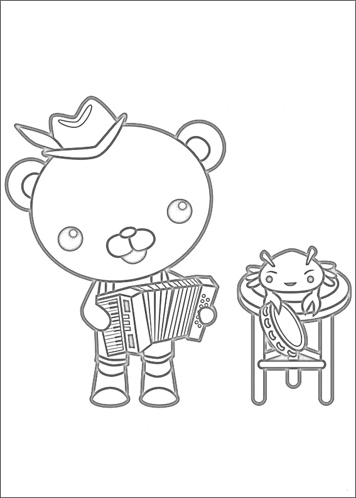 Раскраска Медведь в шляпе с аккордеоном и краб на табурете с бубном