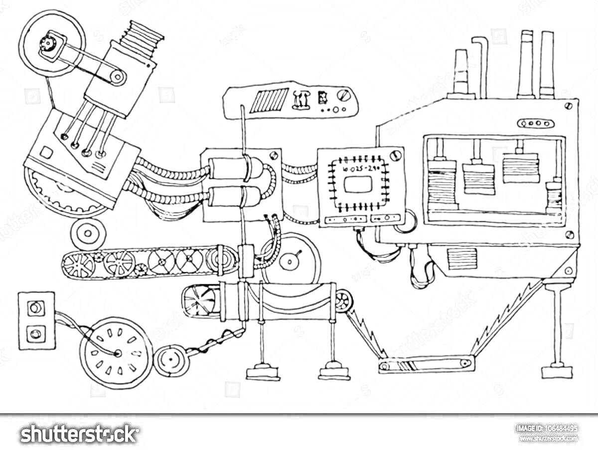 Раскраска Сложный механический аппарат с подъемником, конвейерной лентой, манометрами, переключателями и трубами