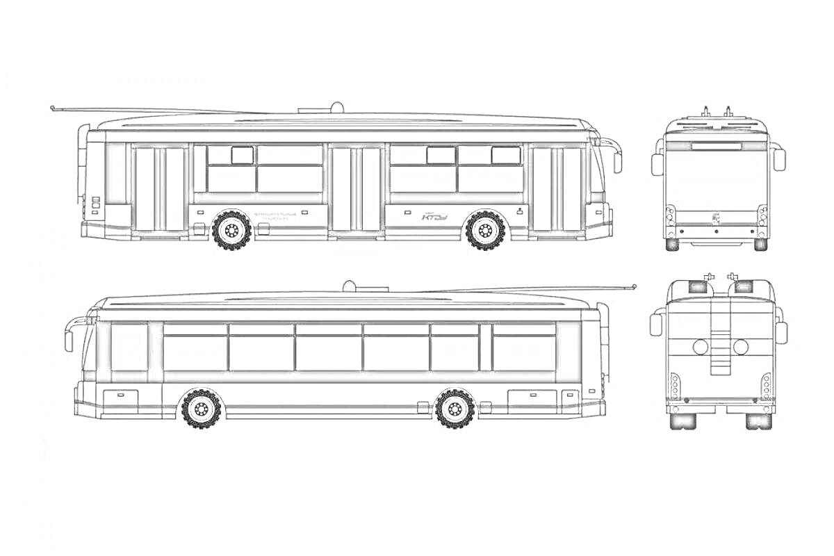 Иллюстрация электробуса с изображением его с разных ракурсов (сбоку, спереди и сзади)