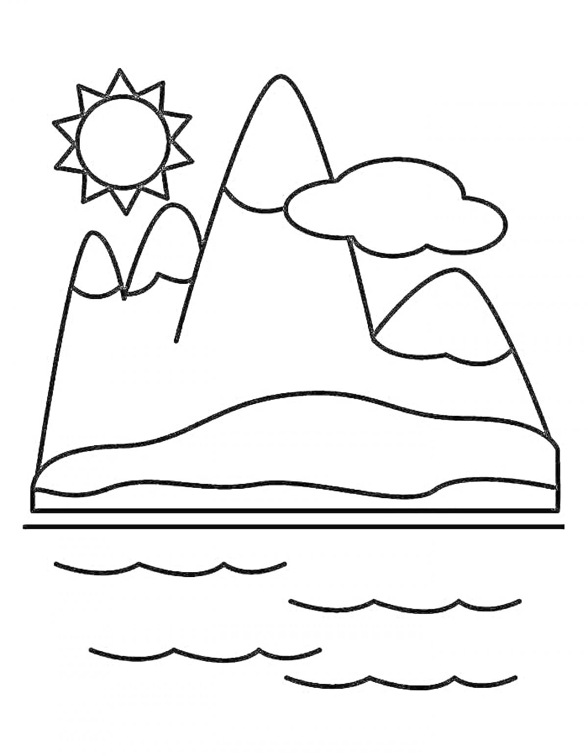 На раскраске изображено: Горы, Солнце, Облака, Водоем, Природа, Пейзаж