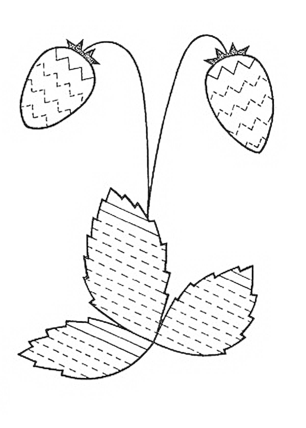 Раскраска Два штрихованных клубничных плода с листьями