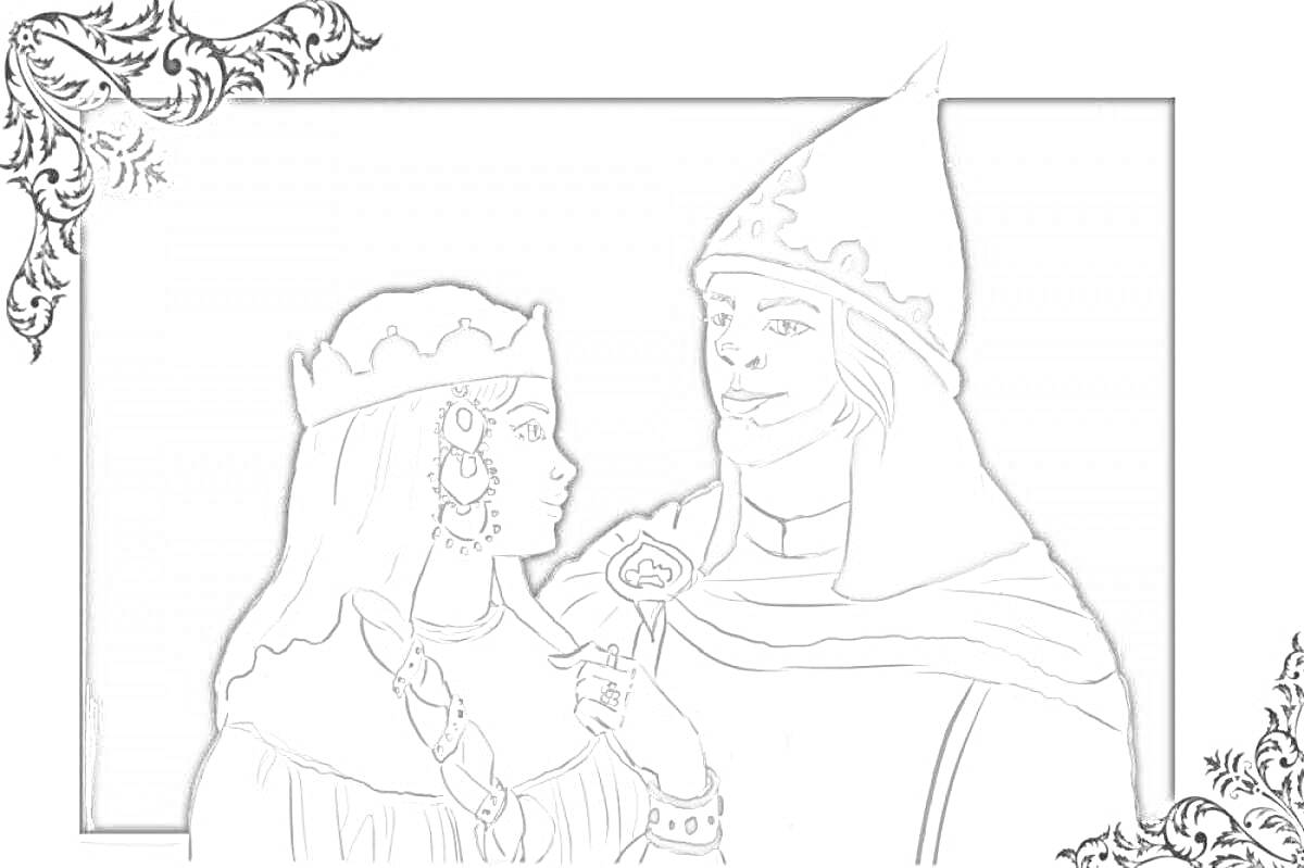 Раскраска Руслан и Людмила, с украшениями, в средневековых костюмах, на фоне темного прямоугольника и узорчатых углов