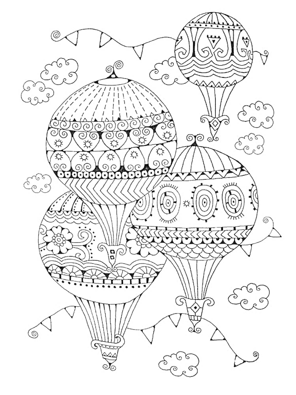 Раскраска Воздушные шары с узорами, облака и флажки