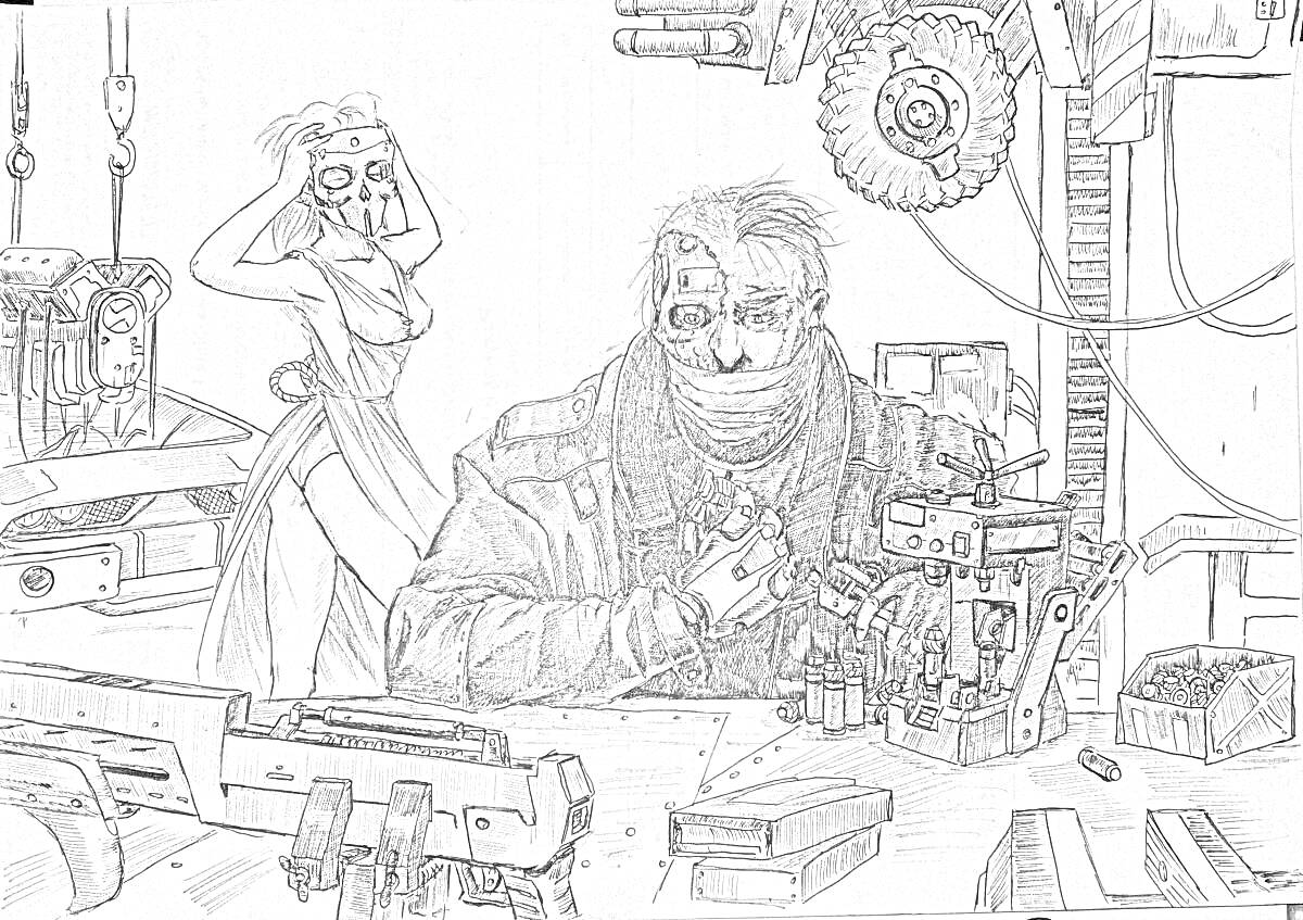 РаскраскаМужчина в защитной одежде за рабочим столом с инструментами и женщиной в противогазе на фоне