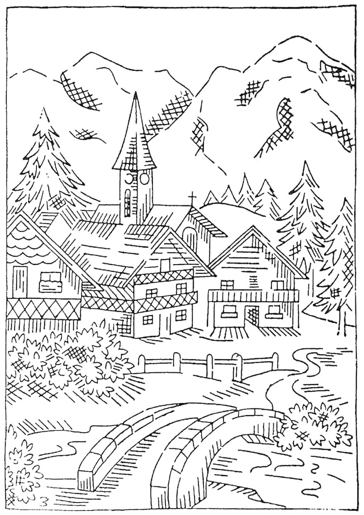На раскраске изображено: Деревня, Домик, Река, Мост, Горы, Лес, Природа, Сельская местность, Растительность
