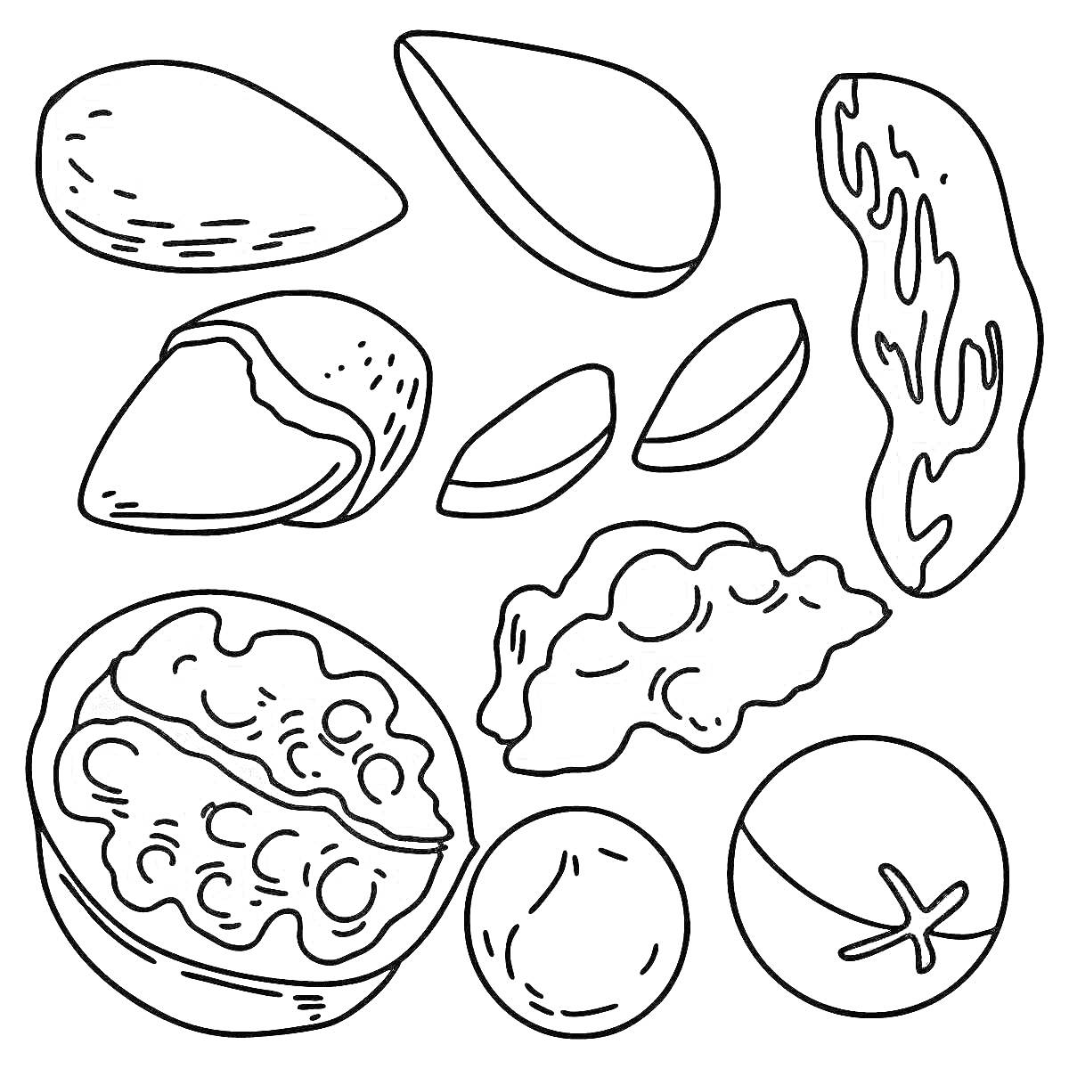 На раскраске изображено: Орех, Еда, Природа, Закуски, Контурные рисунки