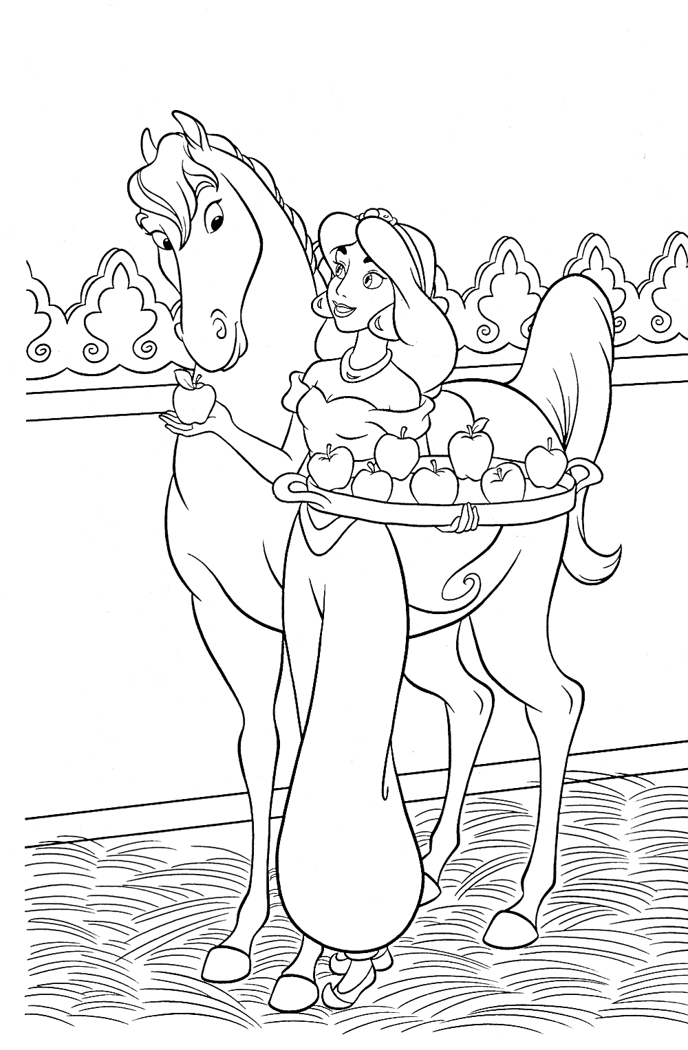 Раскраска Жасмин с подносом яблок кормит коня на фоне украшенной стены