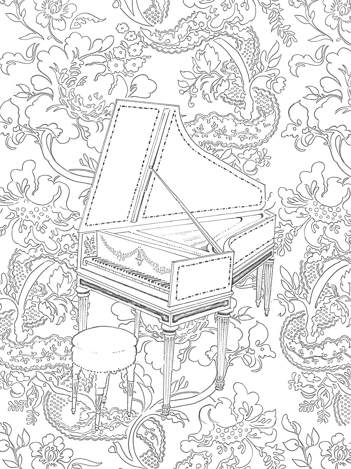 Раскраска Клавесин и табурет на фоне узоров с цветами и завитками
