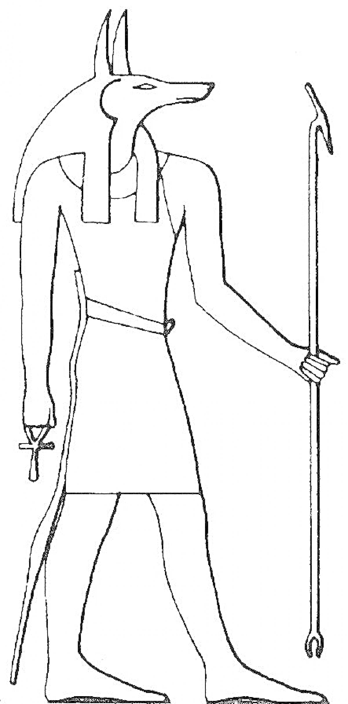 Раскраска Анубис в традиционной набедренной повязке с анкхом в левой руке и посохом в правой руке
